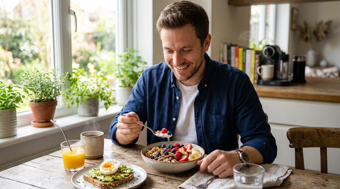 Kiegyensúlyozott, színes reggeliasztal friss gyümölcsökkel és gabonával