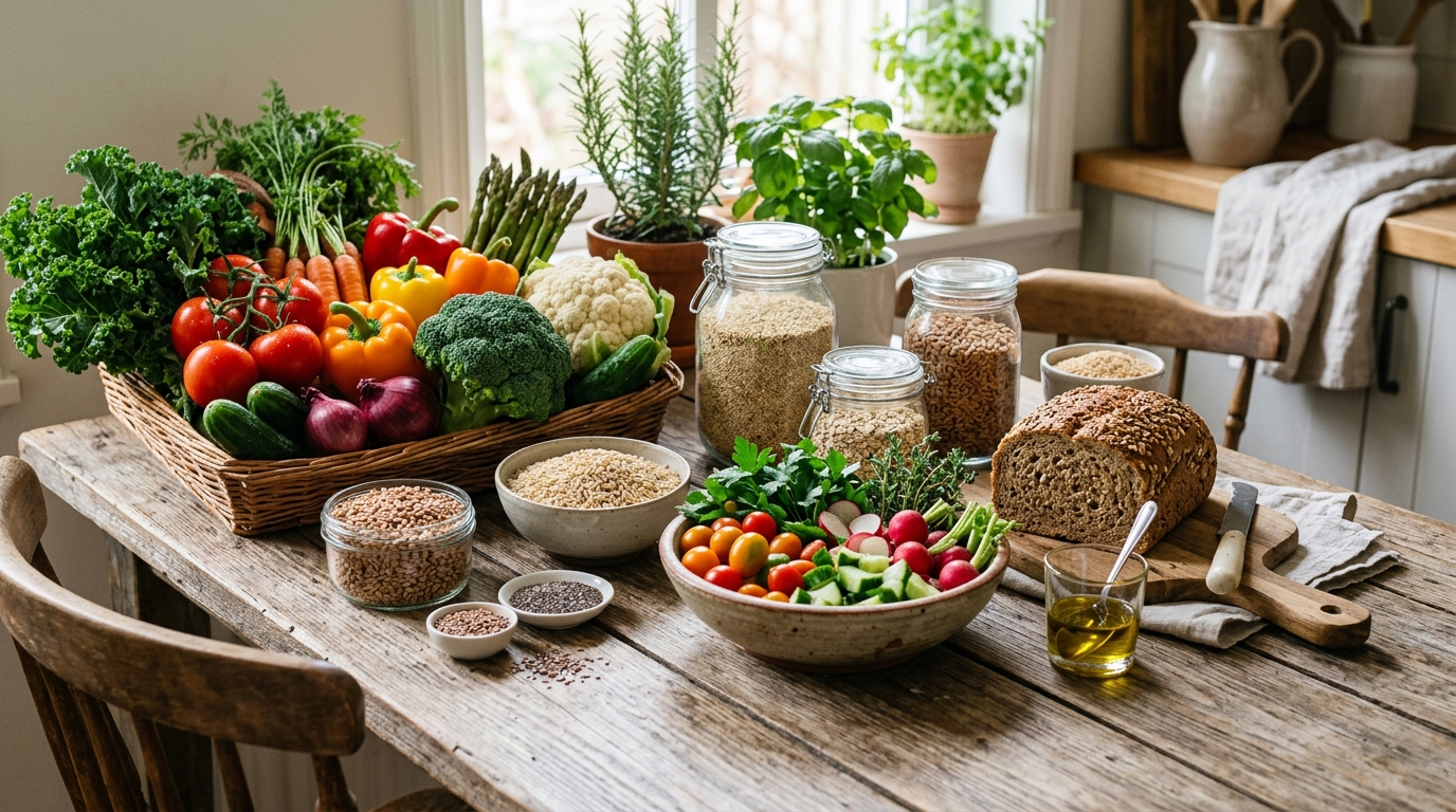 Friss zöldségek és teljes kiőrlésű ételek egy asztalon